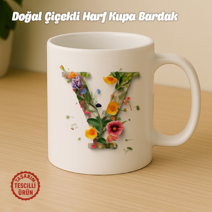 "V" Doğal Çiçekli Harf Kupa Bardak