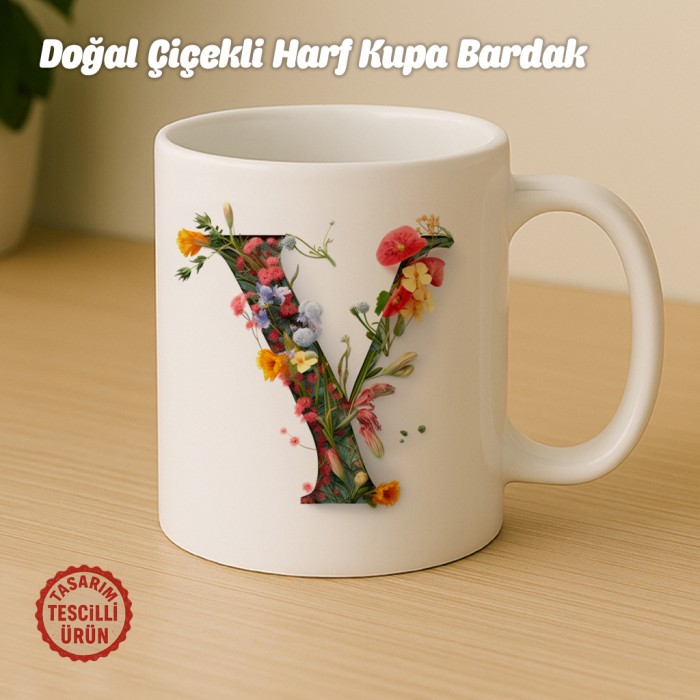 "Y" Doğal Çiçekli Harf Kupa Bardak