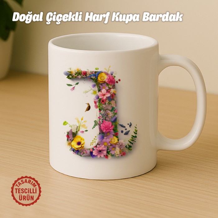"J" Doğal Çiçekli Harf Kupa Bardak