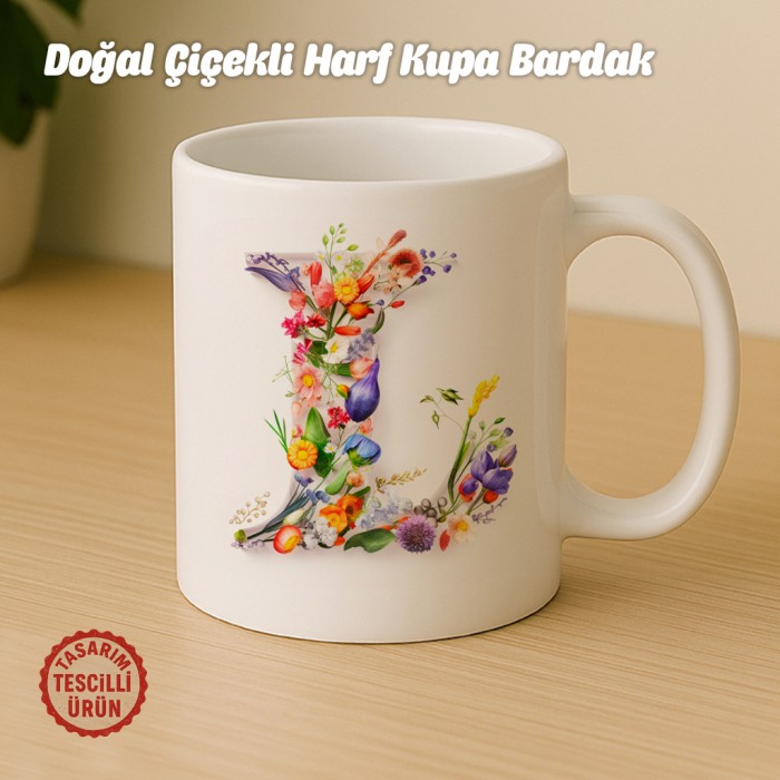 "L" Doğal Çiçekli Harf Kupa Bardak