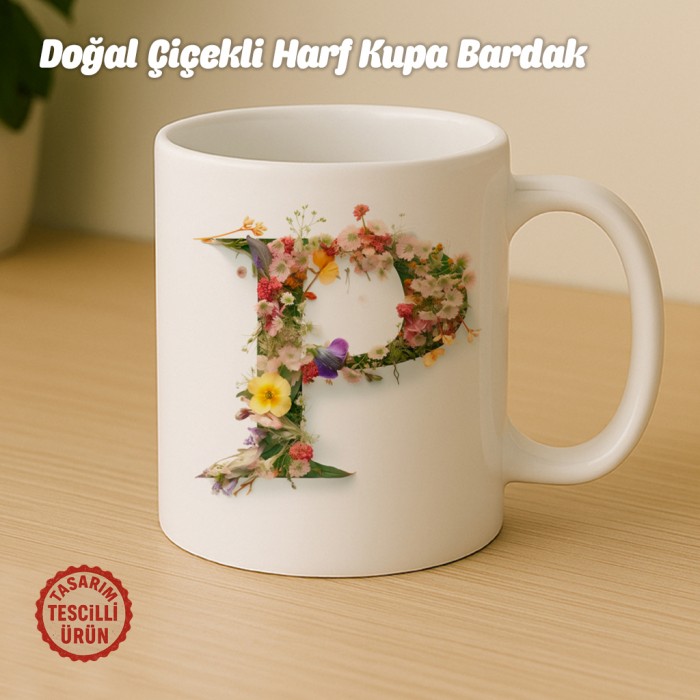 "P" Doğal Çiçekli Harf Kupa Bardak