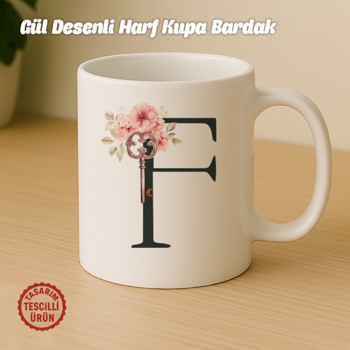 "F" Gül Desenli Harf Kupa Bardak