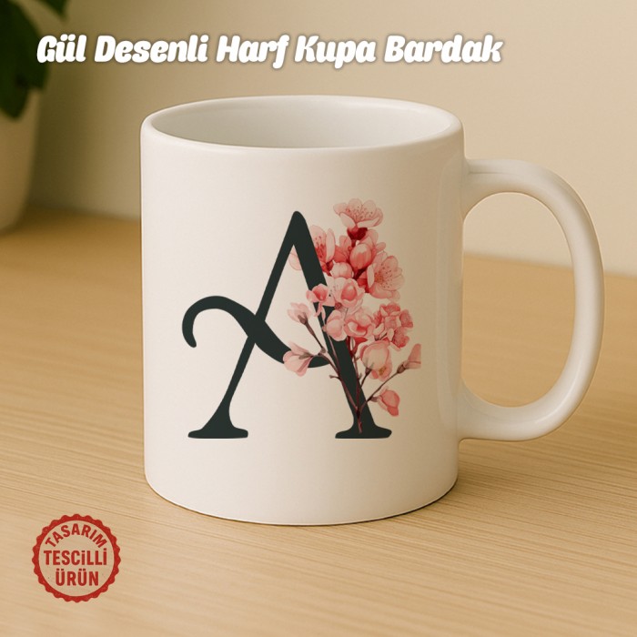 "A" Gül Desenli Harf Kupa Bardak