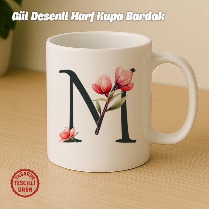 "M" Gül Desenli Harf Kupa Bardak