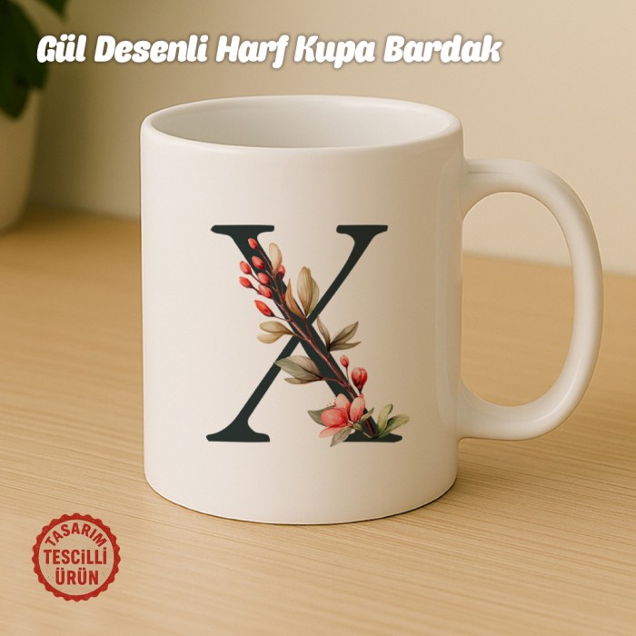 "X" Gül Desenli Harf Kupa Bardak