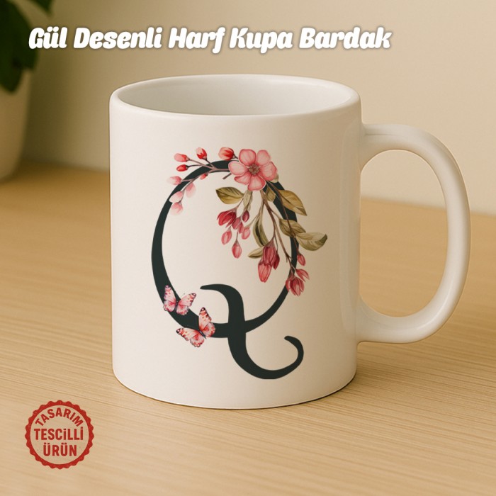 "Q" Gül Desenli Harf Kupa Bardak