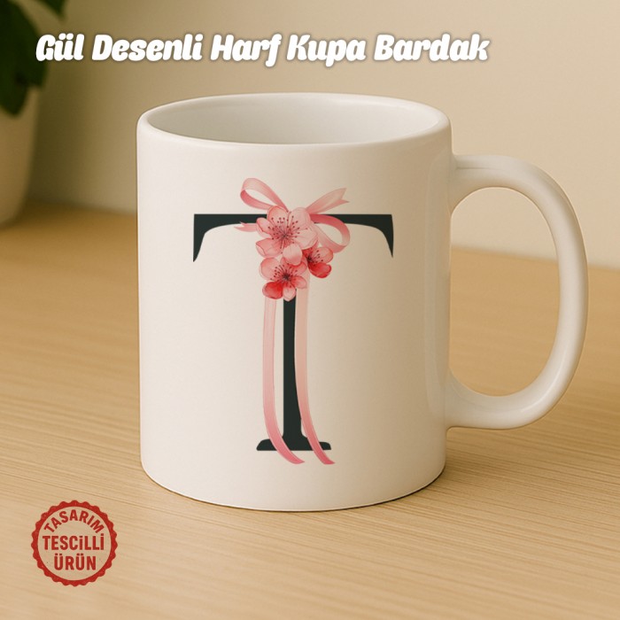 "T" Gül Desenli Harf Kupa Bardak