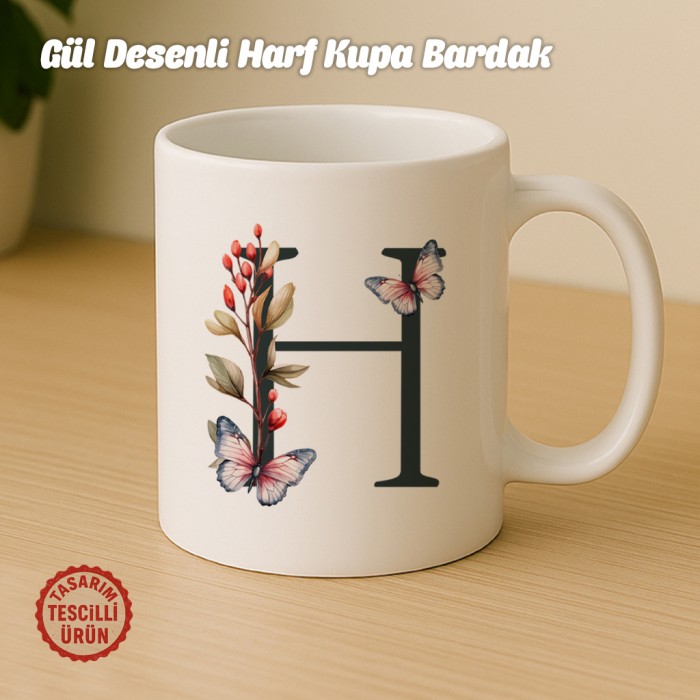 "H" Gül Desenli Harf Kupa Bardak