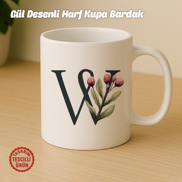 "W" Gül Desenli Harf Kupa Bardak