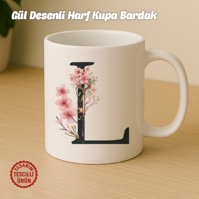 "L" Gül Desenli Harf Kupa Bardak