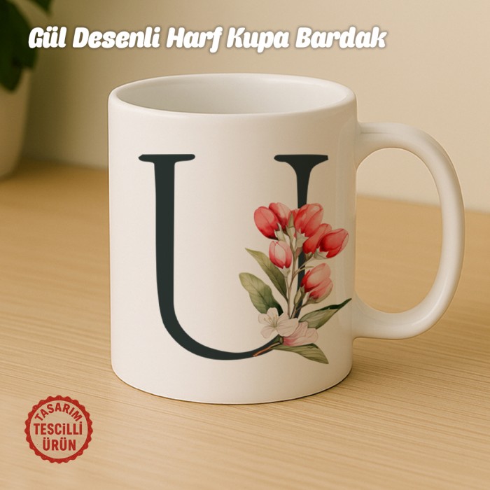 "U" Gül Desenli Harf Kupa Bardak