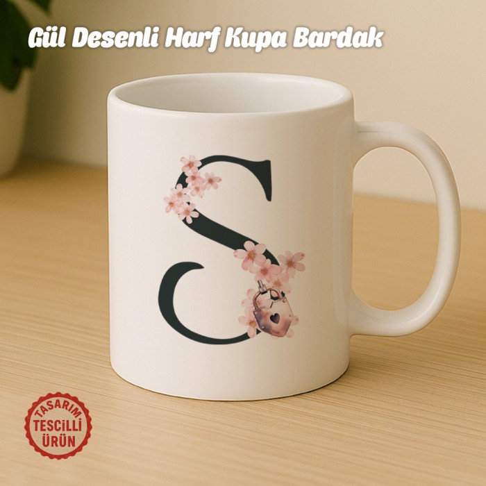"S" Gül Desenli Harf Kupa Bardak
