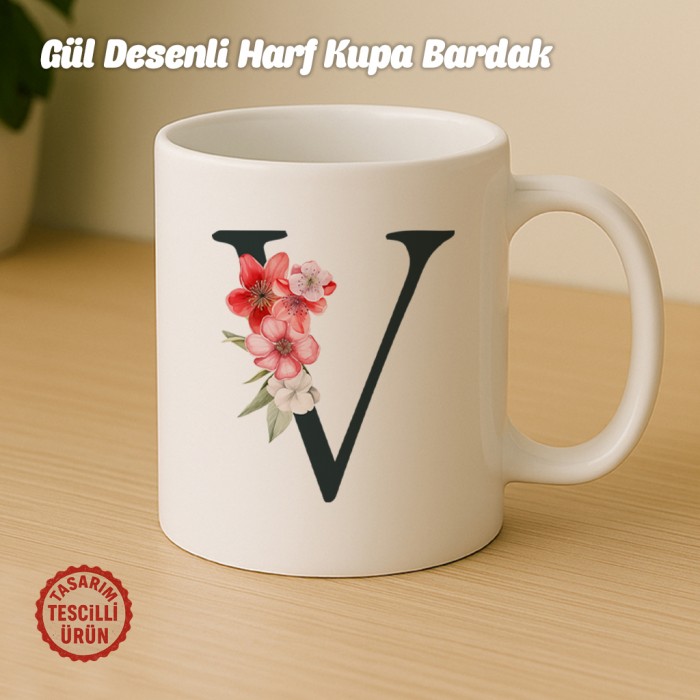 "V" Gül Desenli Harf Kupa Bardak