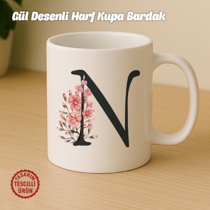 "N" Gül Desenli Harf Kupa Bardak