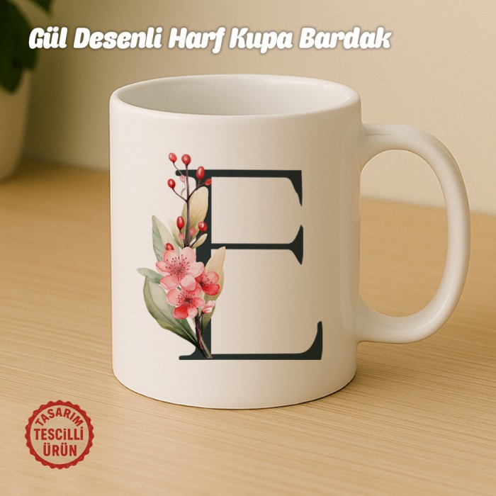 "E" Gül Desenli Harf Kupa Bardak