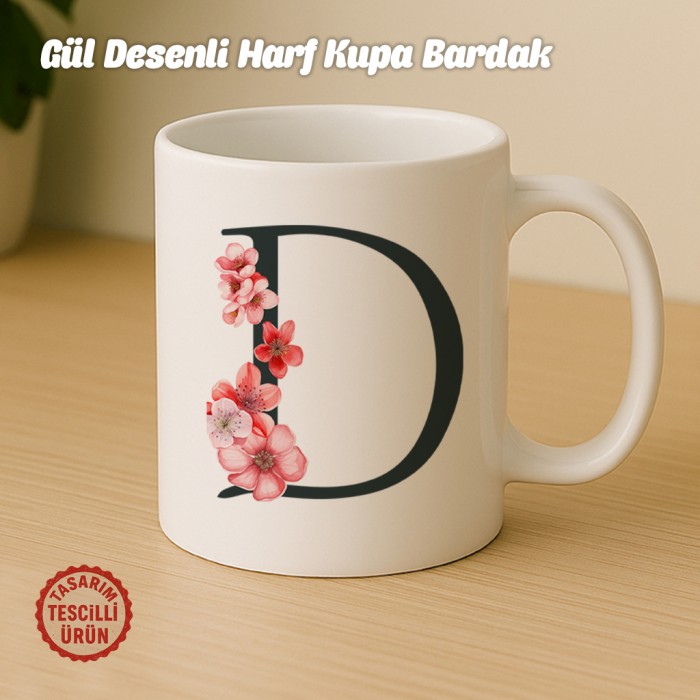"D" Gül Desenli Harf Kupa Bardak