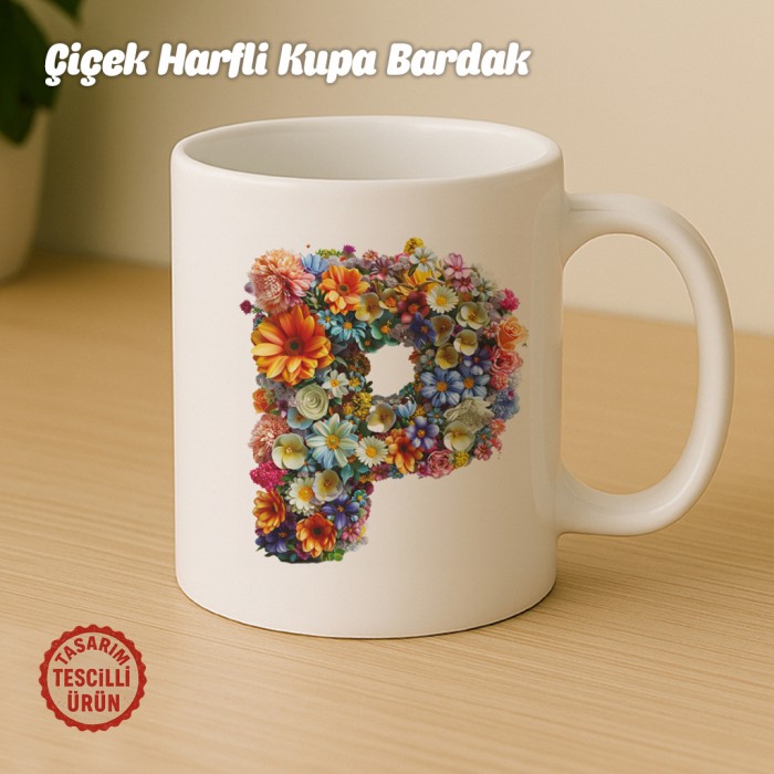 "P" Çiçekli Harf Kupa Bardak