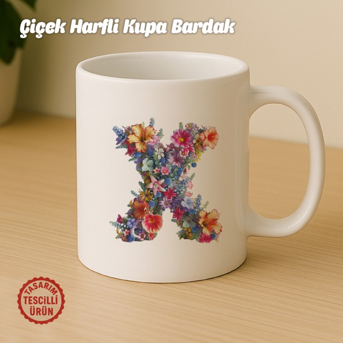 "X" Çiçekli Harf Kupa Bardak