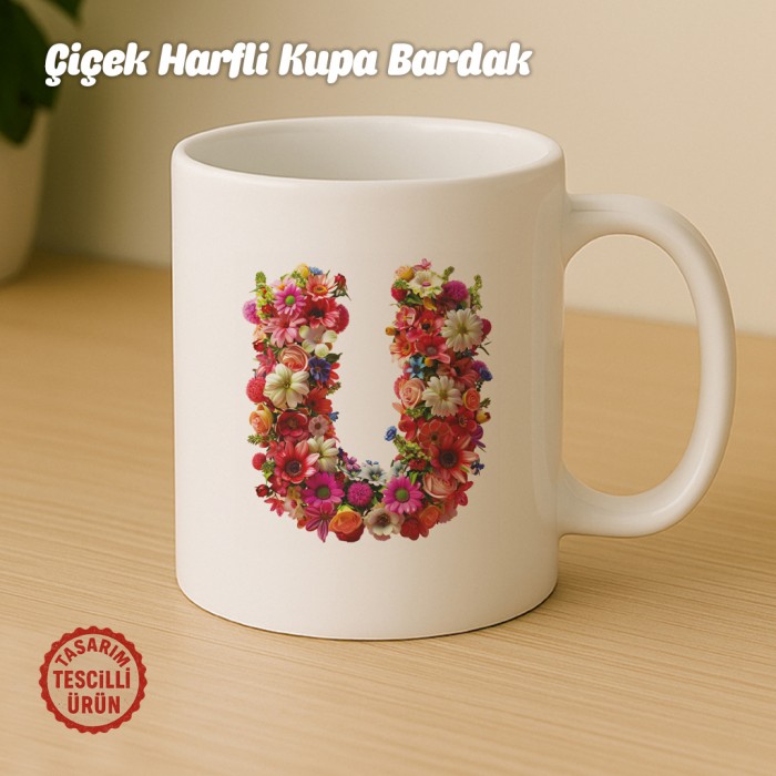 "U" Çiçekli Harf Kupa Bardak