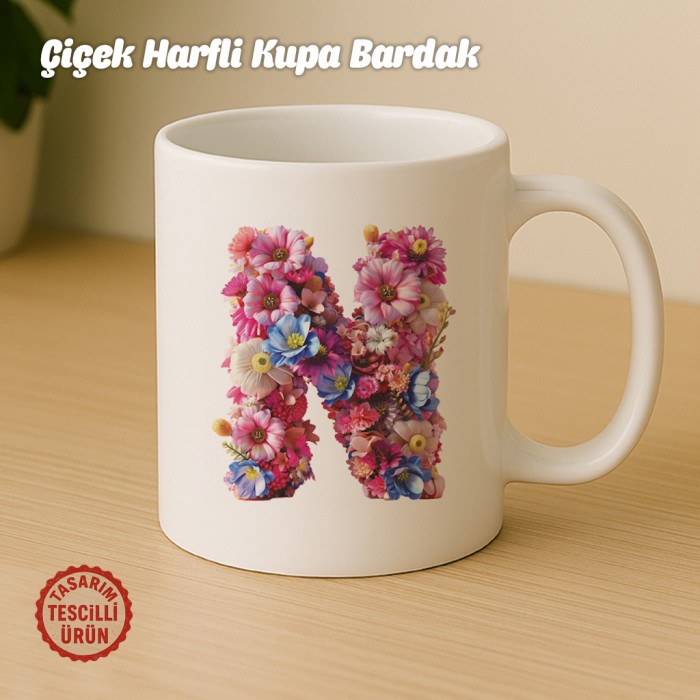 "N" Çiçekli Harf Kupa Bardak