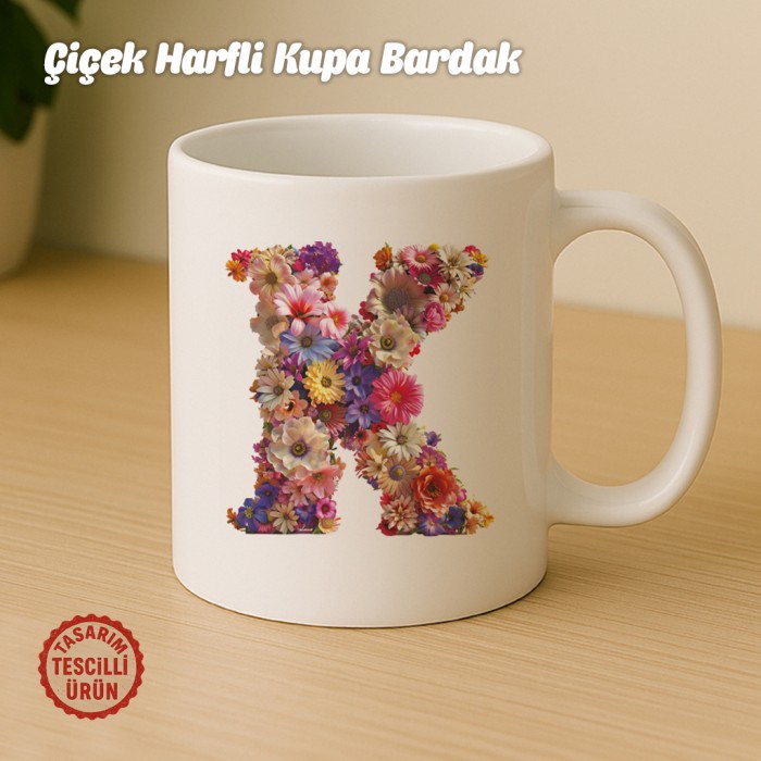 "K" Çiçekli Harf Kupa Bardak
