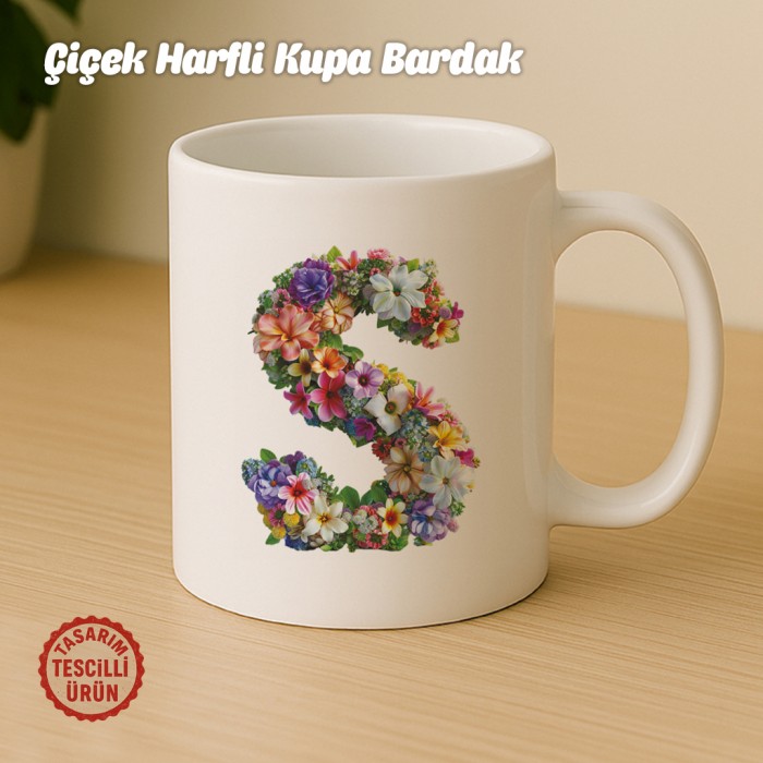 "S" Çiçekli Harf Kupa Bardak