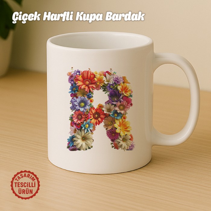 "R" Çiçekli Harf Kupa Bardak