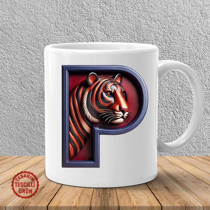 "P" Bordo Mavi Kaplan Harf Kupa Bardak