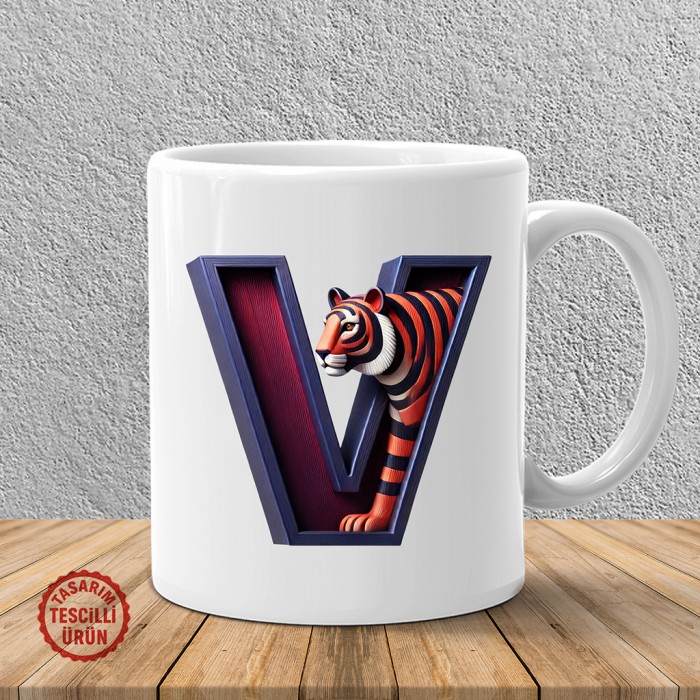 "V" Bordo Mavi Kaplan Harf Kupa Bardak