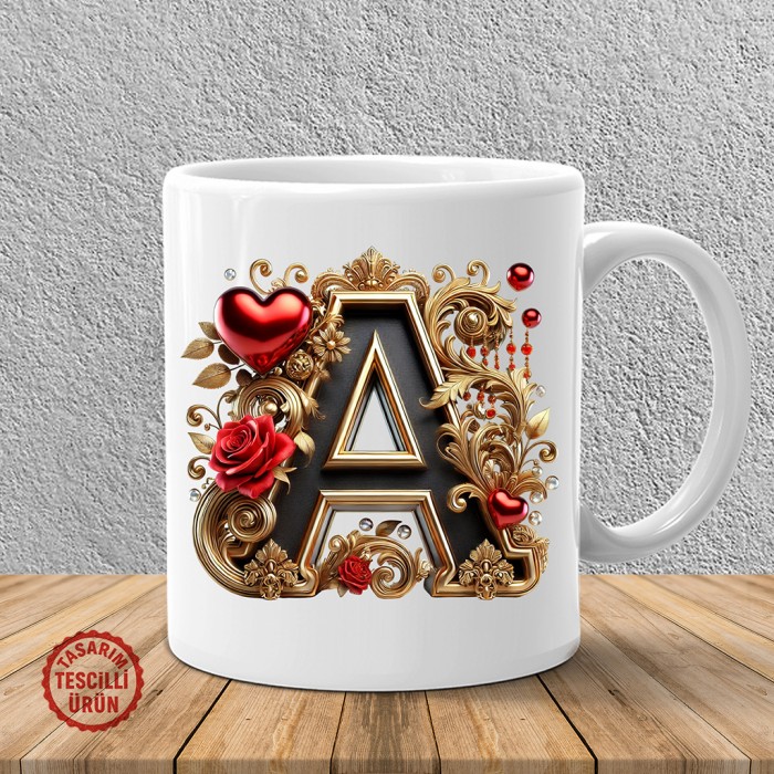 "A" Gold Siyah Kalp Harf Kupa Bardak