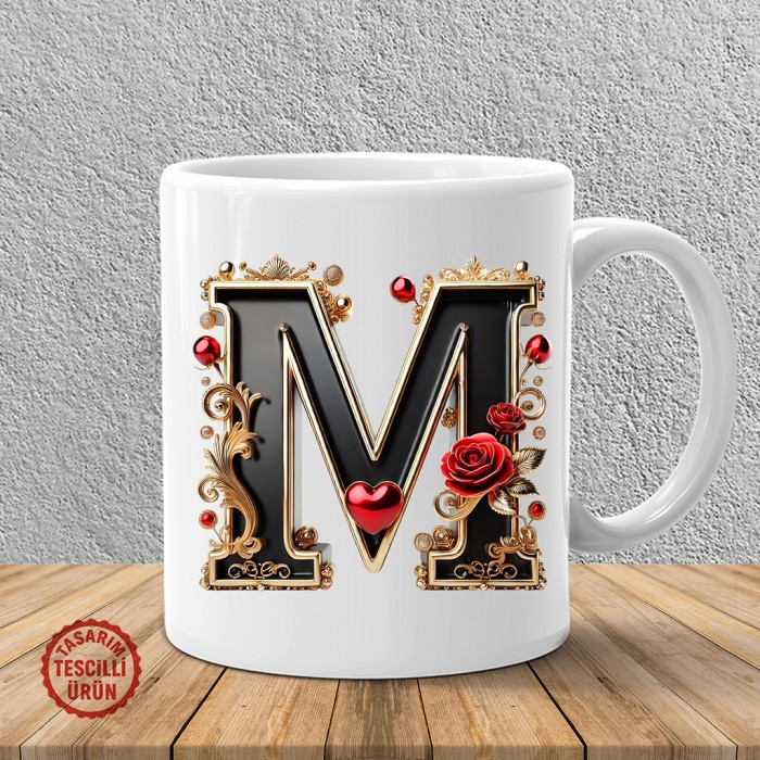 "M" Gold Siyah Kalp Harf Kupa Bardak