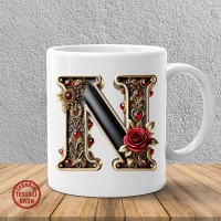 "N" Gold Siyah Kalp Harf Kupa Bardak
