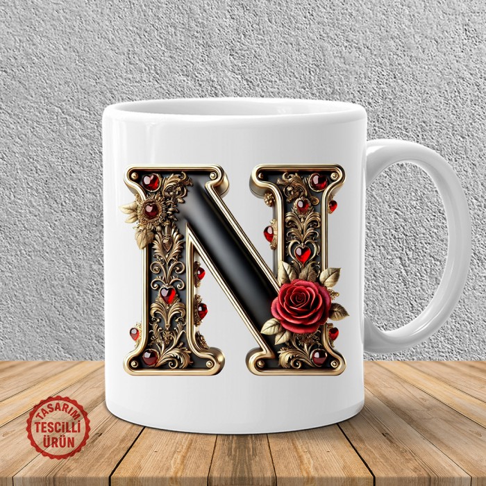"N" Gold Siyah Kalp Harf Kupa Bardak