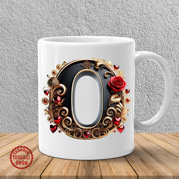 "O" Gold Siyah Kalp Harf Kupa Bardak