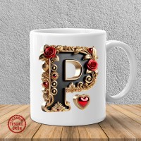 "P" Gold Siyah Kalp Harf Kupa Bardak