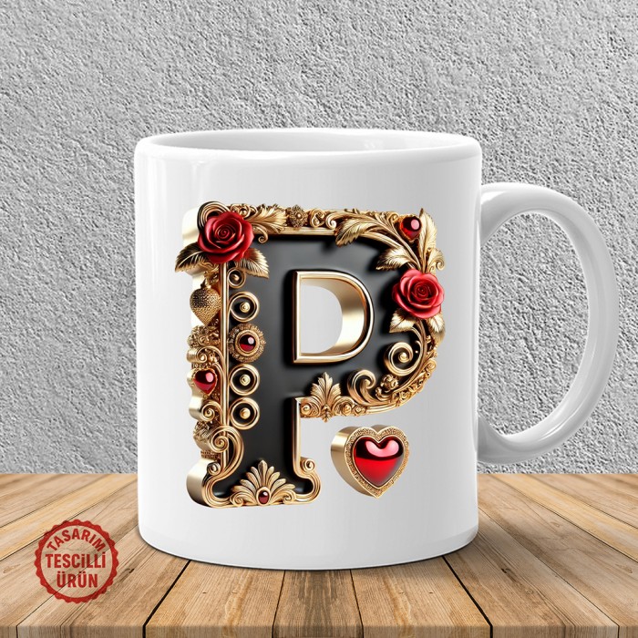 "P" Gold Siyah Kalp Harf Kupa Bardak