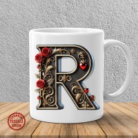 "R" Gold Siyah Kalp Harf Kupa Bardak