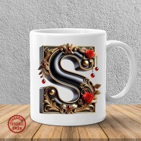 "S" Gold Siyah Kalp Harf Kupa Bardak