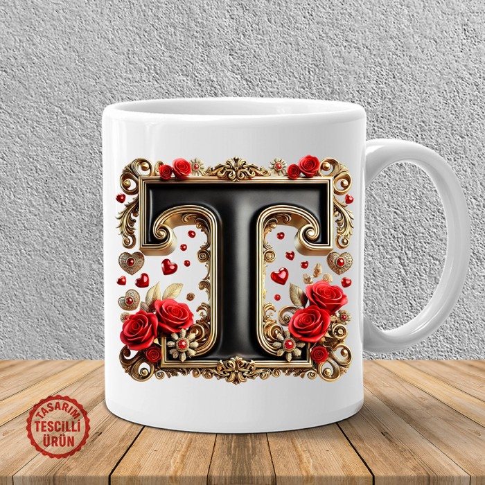 "T" Gold Siyah Kalp Harf Kupa Bardak