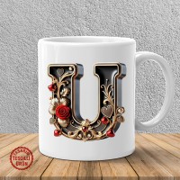 "U" Gold Siyah Kalp Harf Kupa Bardak