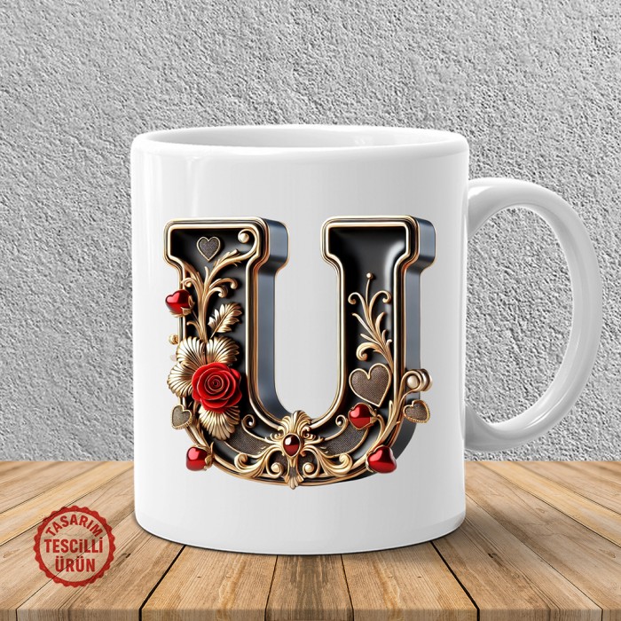 "U" Gold Siyah Kalp Harf Kupa Bardak