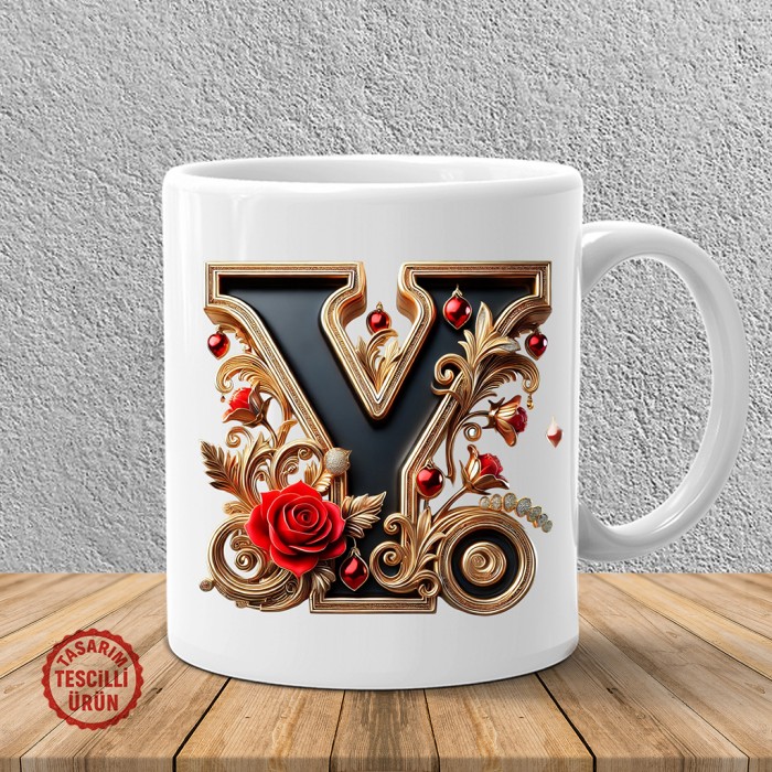 "Y" Gold Siyah Kalp Harf Kupa Bardak