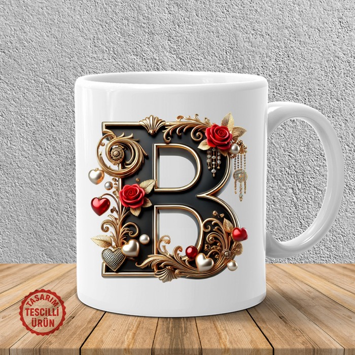 "B" Gold Siyah Kalp Harf Kupa Bardak