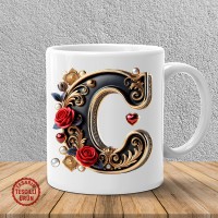 "C" Gold Siyah Kalp Harf Kupa Bardak