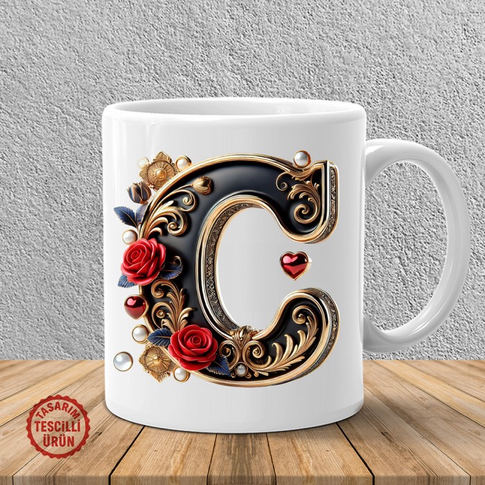 "C" Gold Siyah Kalp Harf Kupa Bardak