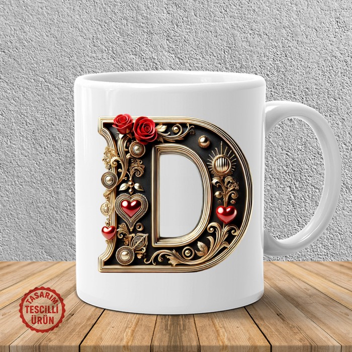 "D" Gold Siyah Kalp Harf Kupa Bardak