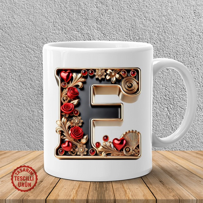 "E" Gold Siyah Kalp Harf Kupa Bardak
