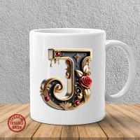 "J" Gold Siyah Kalp Harf Kupa Bardak