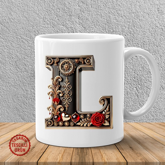 "L" Gold Siyah Kalp Harf Kupa Bardak
