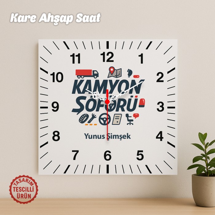 Kamyon Şoförü İsimli Kare Ahşap Saat